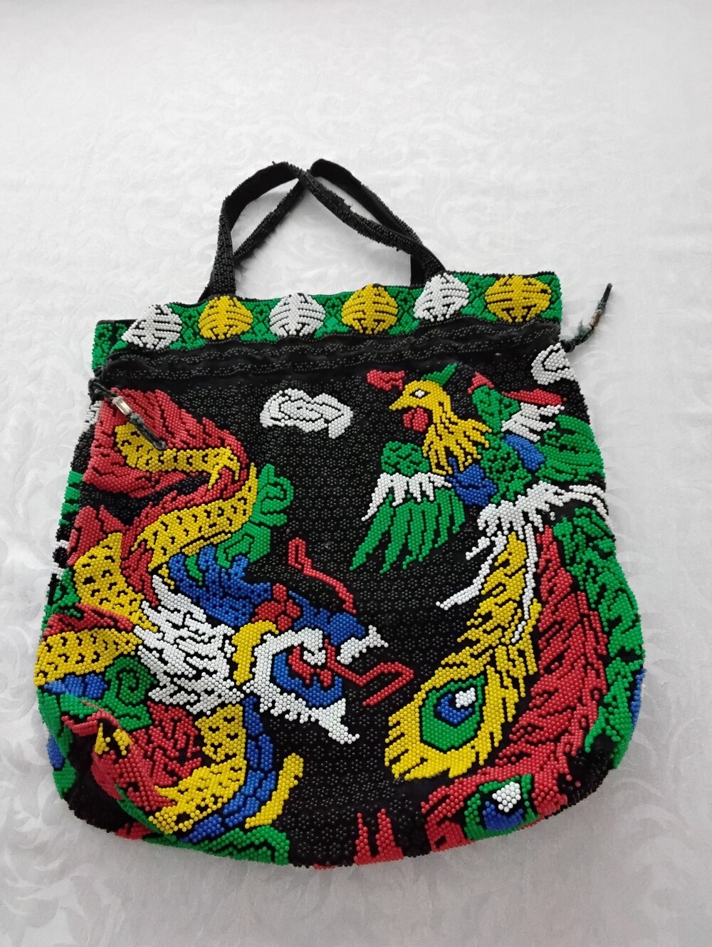 Vendora Hand-Beaded Drawstring Tote with Multicolor Embroidery Dragon & Phoenix - Picture 3 of 6
